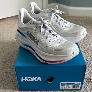 Hoka Bondi 9 Women's White and Blue Athletic Shoes, Size 10B